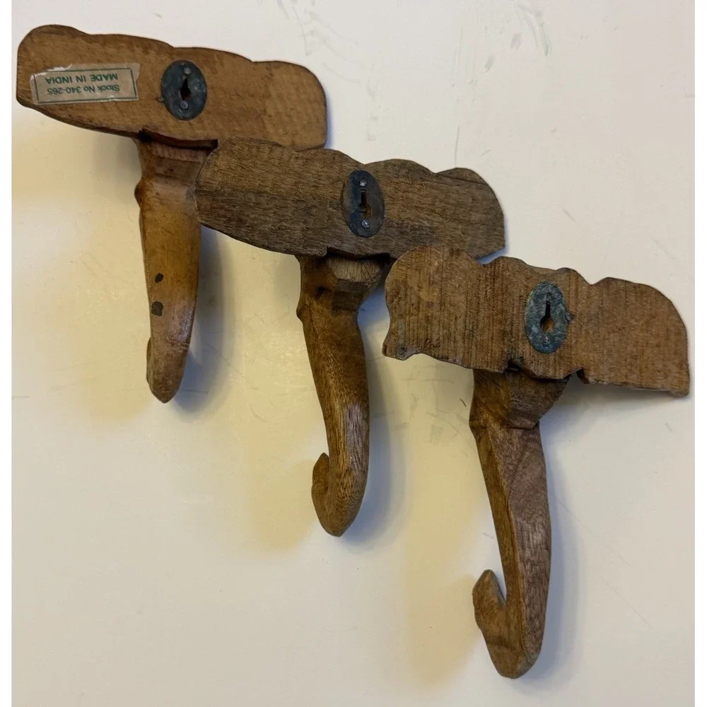 Vintage India  Hand Carved Wooden Elephant Wall Hooks Set Of 3